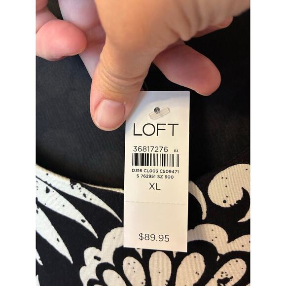 Loft NEW Black and White Palm Floral Midi Dress Cap Sleeves Scoop Neck XL - Picture 7 of 10